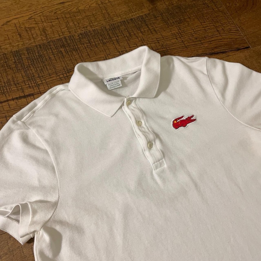 Lacoste Polo Shirt Womens XL White Preppy China 2012 Olympics Red Croc Logo